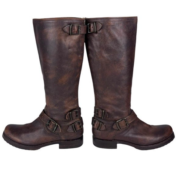 FRYE VERONICA BROWN DISTRESSED TALL MOTO EQUESTRIAN STYLE BACK ZIP LEATHER BOOTS - Picture 2 of 14